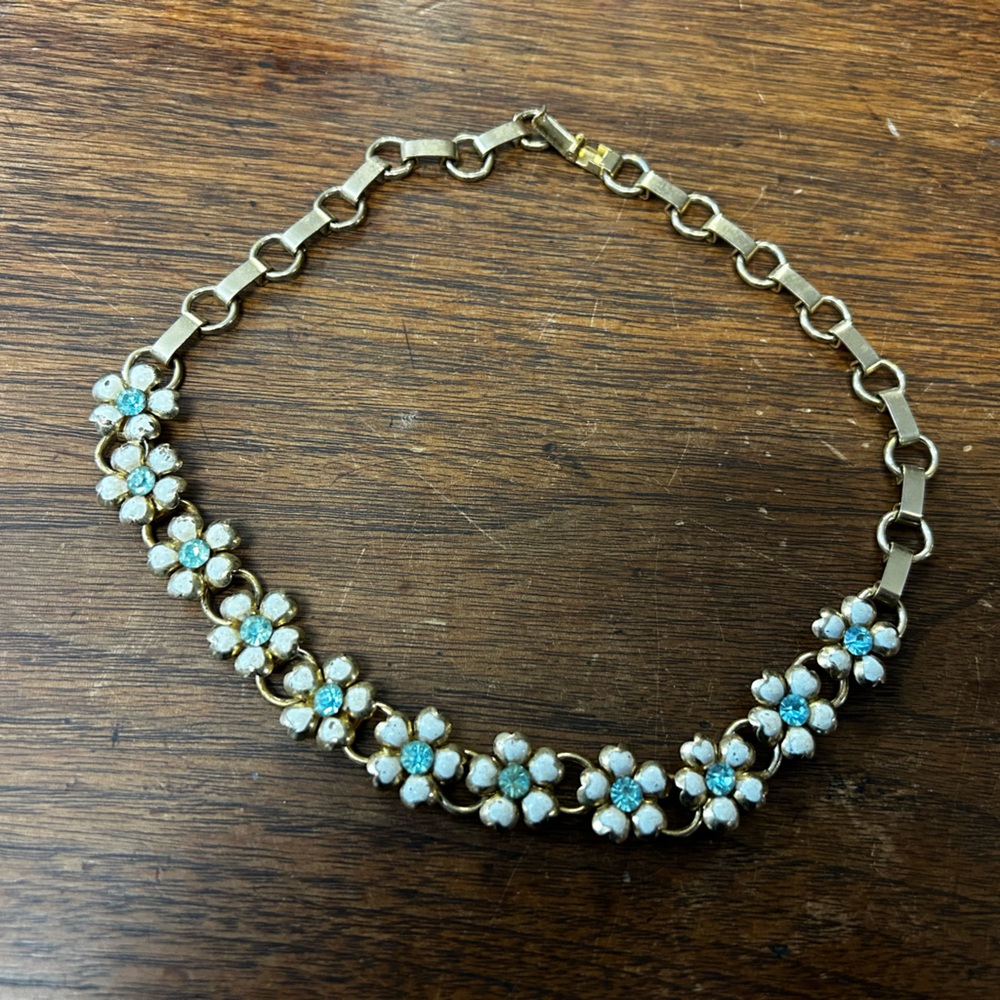 Vintage Coro Necklace Choker Blue Rhinestone White Flowers SPRING jewelry